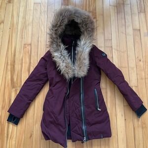 Rudsak Burgundy Down Parka with Raccoon and Rabbit Fur Trim Hood Leather Accents
